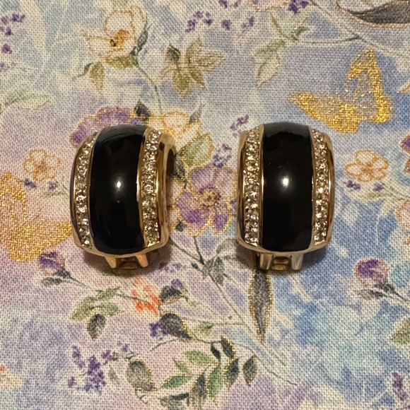 Christian Dior Black Enamel Dome Crystals Hoop  Earrings